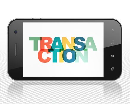 Money concept: Smartphone with Painted multicolor text Transaction on display, 3D rendering