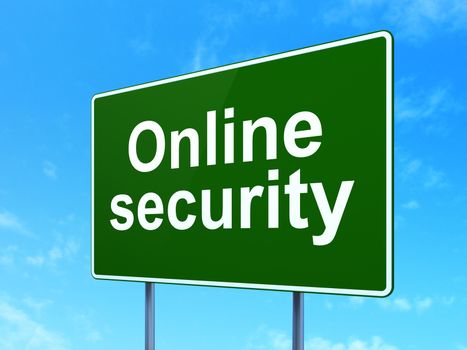 Safety concept: Online Security on green road highway sign, clear blue sky background, 3D rendering