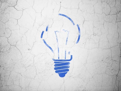 Business concept: Blue Light Bulb on textured concrete wall background