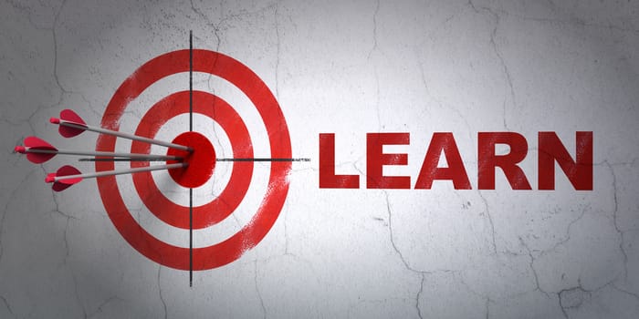 Success Learning concept: arrows hitting the center of target, Red Learn on wall background, 3D rendering