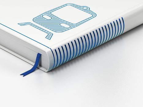 Travel concept: closed book with Blue Train icon on floor, white background, 3D rendering