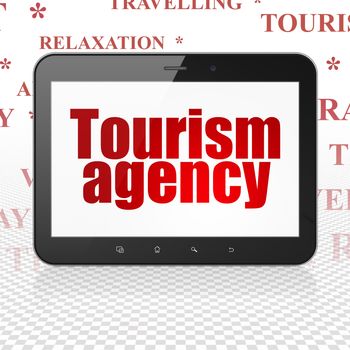 Tourism concept: Tablet Computer with  red text Tourism Agency on display,  Tag Cloud background, 3D rendering