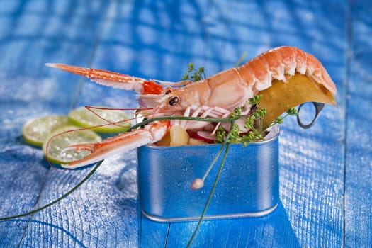 Presentation of a crustacean with mixed vegetables in box 