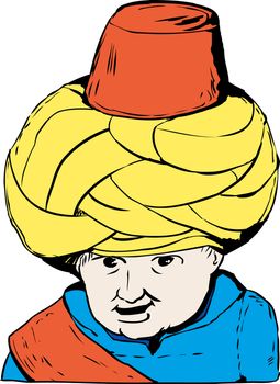 Sketch cartoon close up on smiling face of 18th century Turkish Muslim doll over white background