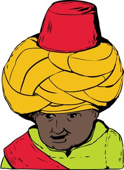 Sketch cartoon close up on smiling face of 18th century Arab or Turkish Muslim doll over white background