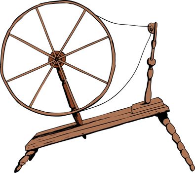 Illustration of side view on single old fashioned wooden 18th century era textile spinning wheel