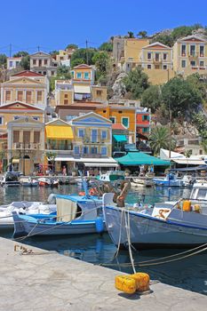 Fishing boats at the harbour of Symi. Dodecanese, Greece, Europe