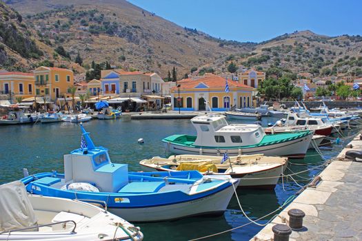 Fishing boats at the harbour of Symi. Dodecanese, Greece, Europe