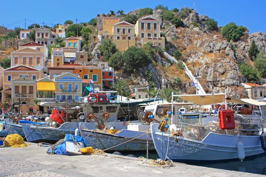 Fishing boats at the harbour of Symi. Dodecanese, Greece, Europe