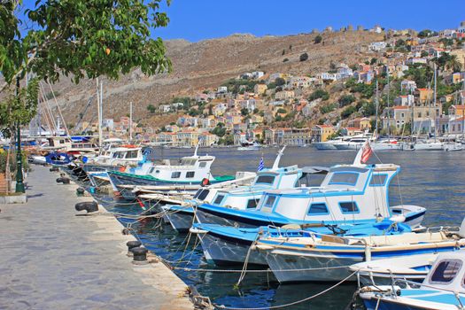 Fishing boats at the harbour of Symi. Dodecanese, Greece, Europe