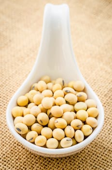 Soy beans in white spoon on sack background.
