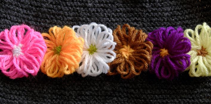 Group of handmade craft for mother day, colorful daisy flower on wool background, ornament make from yarn