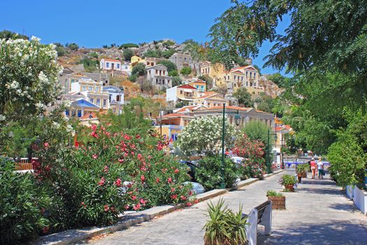 Colorful  district of the town of Symi, Greece.