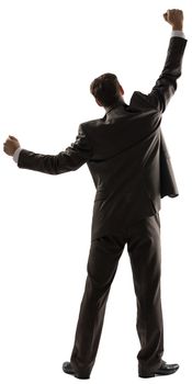 Rear view of successful business man with his arms up isolated on white background