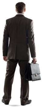 Back view of young businessman standing with briefcase isolated on white background