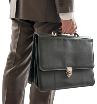 Back view of businessman with suitcase in hand, closeup