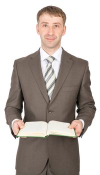 Businessman holding open book and looking at camera isolated on white background, closeup