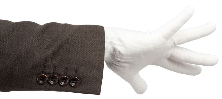 Business man hand in glove isolated on white background, closeup