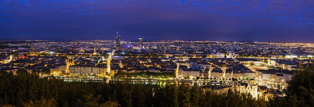 Lyon panorama at night. Lyon, Rhone-Alpes, France.