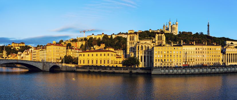 Basilica of Notre-Dame de Fourviere and Lyon Cathedral in the morning. Lyon, Rhone-Alpes, France.