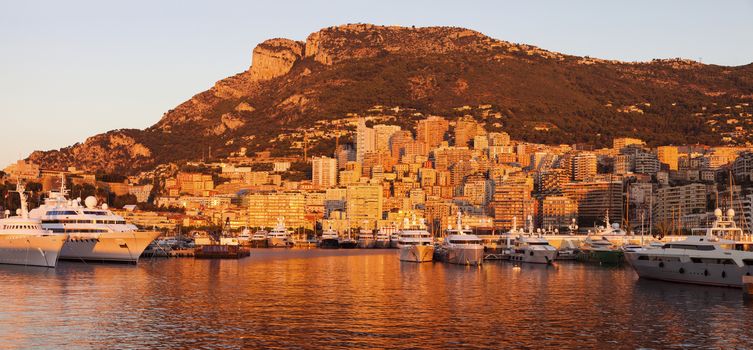 Port Hercule in Monaco at sunrise. Monaco.