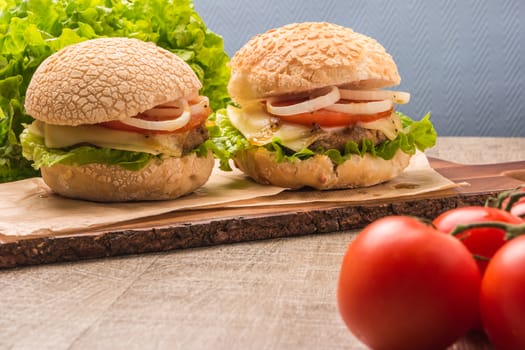 Two homemade vegetarian burgers with fresh organic vegetables on rustic wooden background