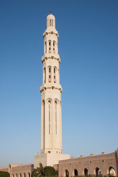 The main minaret at Sultan Qaboos Grand Mosque in Muscat, the main mosque of The Sultanate of Oman.