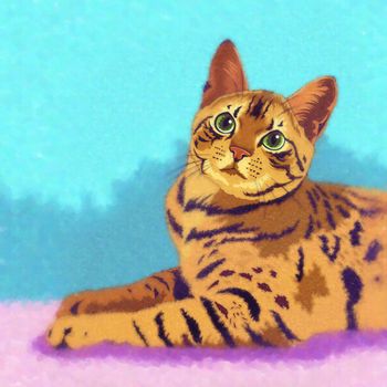 Bengal Cat. Watercolor sketch illustration of a cat at home.
