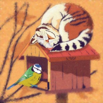 Cat and Bird. Watercolor sketch illustration of a cat at home.