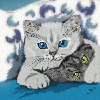 Funny Kittens Illustration. Watercolor sketch illustration of a cat at home.
