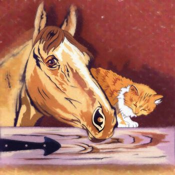 Kitten and Horse. Watercolor sketch illustration of a cat at home.