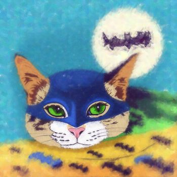 Batman Cat. Watercolor sketch illustration of a cat at home.