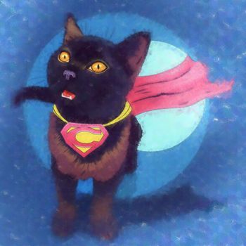 Superman Cat. Watercolor sketch illustration of a cat at home.