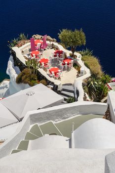 Luxury outdoor sea view cafe of Oia, Santorini, Greece
