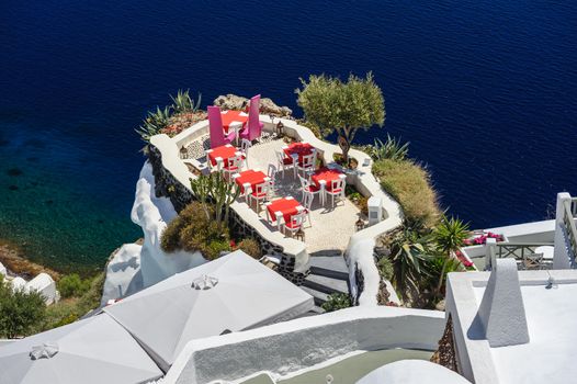 Luxury outdoor sea view cafe of Oia, Santorini, Greece