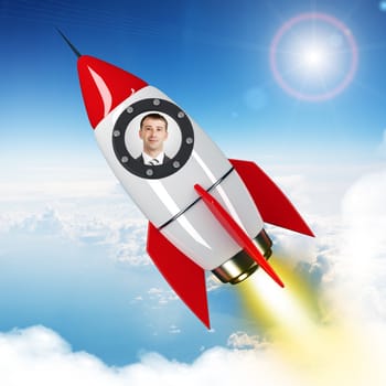 Young businessman flying in sky on drawn red rocket. 3D rendering