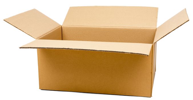 Opened brown carton shipping box. Isolated on white background