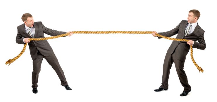 Tug war, two businessman pulling rope in opposite directions isolated on white background