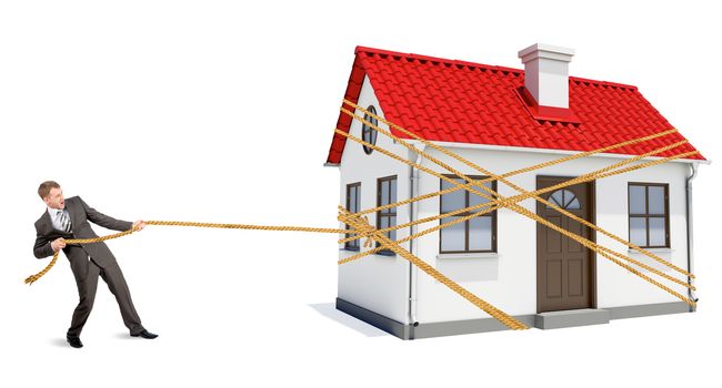 Man pulling rope to move wooden house isolated on white background