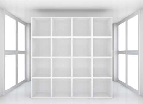 Blank white exhibition bookshelf in glossy showroom. 3D rendering