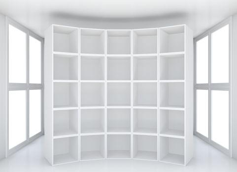 Empty shelfbook for exhibition product in white clean showroom. 3D rendering
