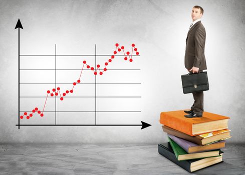 Businessman standing on books with chart on wall