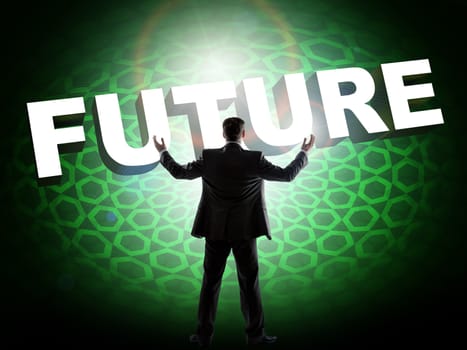 Rear view of businessman in front of digital screen with word future