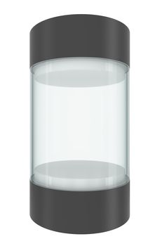 Glass empty showcase with pedestal and cap, isolated on white. 3D illustration