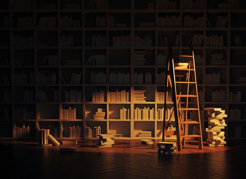 night lighting in the library interior. 3d rendering