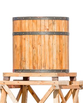 Antique wooden water tower with steel ring isolated on white background