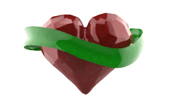 Flying 3d red chopped heart with green rubbon. Copyspace for text.