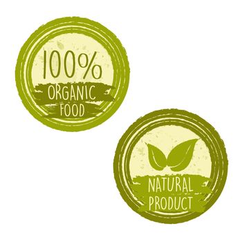 100 percent organic food and natural product with leaf signs in green circle labels, bio ecology concept
