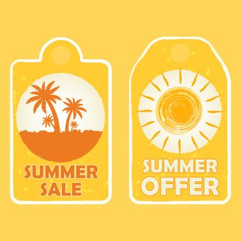 summer sale and offer labels with palms and sun signs - text in yellow drawn banners with symbols, business seasonal shopping concept