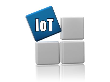 iot sign, internet of things - 3d blue cube with white letters on grey boxes, remote control in network, high technologies concept